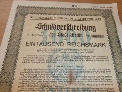 Stadt Stettin i. Pommern , 1929 , 1000 RM , Schuldverschreibung / Anleihe !!!