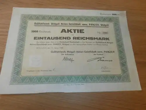 Stahlwerk Wolgast 1928, ehem. Panzer , Aktie 1000 RM , Nr. 001 !! Mecklenburg !