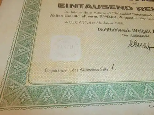 Stahlwerk Wolgast 1928, ehem. Panzer , Aktie 1000 RM , Nr. 001 !! Mecklenburg !