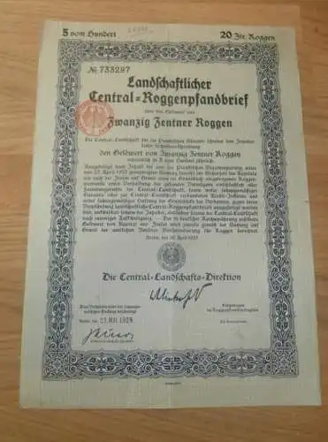 Landwirtschaftlicher Central-Roggen-Pfandbrief , Preussen 1923 , 20 Zentner Roggen , Berlin !!!