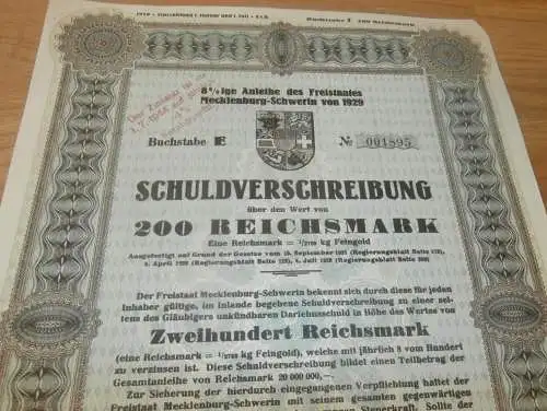 Schuldverschreibung Mecklenburg 1929 , 200 RM , Schwerin , Anleihe !!!