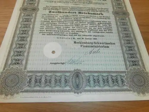 Schuldverschreibung Mecklenburg 1929 , 200 RM , Schwerin , Anleihe !!!