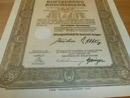 Schuldverschreibung 1941 , 1000 RM , AKA- Kraftstoffanlagen Dresden , mit Bescheinigung Dillingen a. Donau 1949 !!!