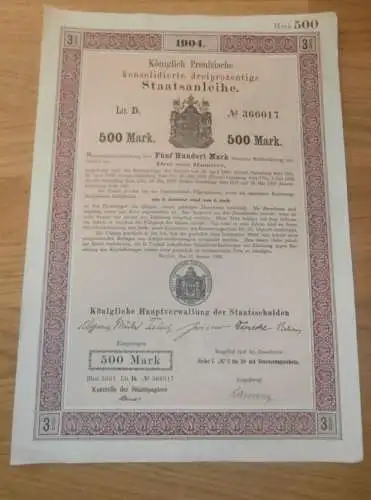 Preussische Staatsanleihe 1904 , 500 Mark , Preussen , Anleihe , Berlin !!!