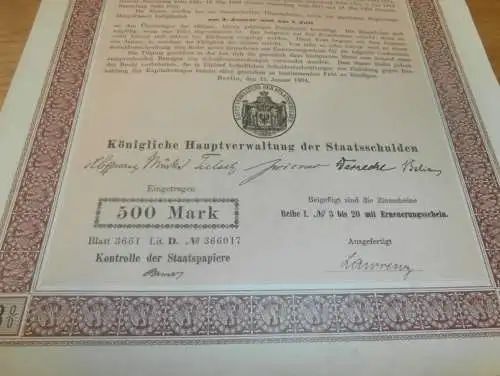 Preussische Staatsanleihe 1904 , 500 Mark , Preussen , Anleihe , Berlin !!!