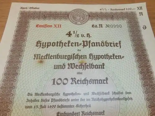 Pfandbrief 100 RM , Schwerin 1938 , Hypothek , Mecklenburg !!!