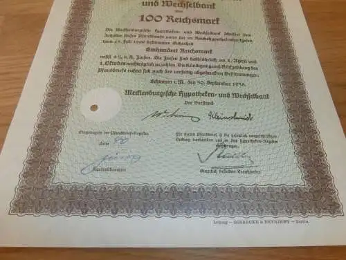 Pfandbrief 100 RM , Schwerin 1938 , Hypothek , Mecklenburg !!!