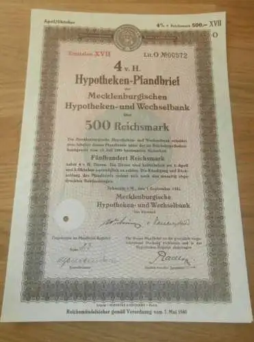 Hypotheken-Pfandbrief 500 RM , Schwerin 1941 , Hypothek , Mecklenburg !!!