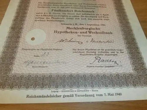 Hypotheken-Pfandbrief 500 RM , Schwerin 1941 , Hypothek , Mecklenburg !!!