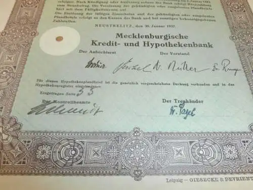 Pfandbrief Neustrelitz 1937 , 100 RM , Hypothek , Mecklenburg !!!