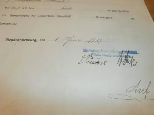 Neubrandenburg 1929 , Konzerthaus Reinmann , Abtretung ,  Mecklenburg !!!