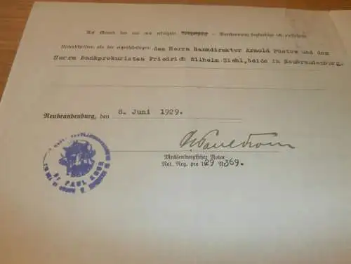 Neubrandenburg 1929 , Konzerthaus Reinmann , Abtretung ,  Mecklenburg !!!