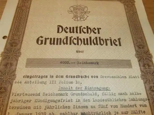 Schuldbrief , 1938 , M. Mahnke in Neu-Vorwerk b. Dassow , Grevesmühlen , E. Voß geb. Viereck in Breesen bei Roggenstorf