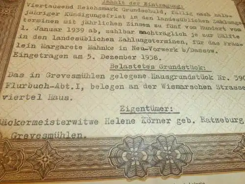 Schuldbrief , 1938 , M. Mahnke in Neu-Vorwerk b. Dassow , Grevesmühlen , E. Voß geb. Viereck in Breesen bei Roggenstorf