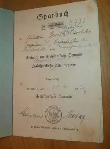 altes Sparbuch Demmin , 1933 - 3.Mai 1945 , Gerda Lieschke geb. Niehuus in Altentreptow i. Mecklenburg , Sparkasse