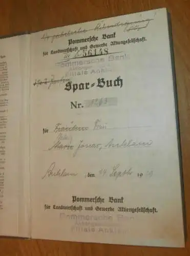 altes Sparbuch Anklam , 1929 - 1939 , Hedwig Jonas in Anklam i. Mecklenburg ,Sparkasse , Bank !!!