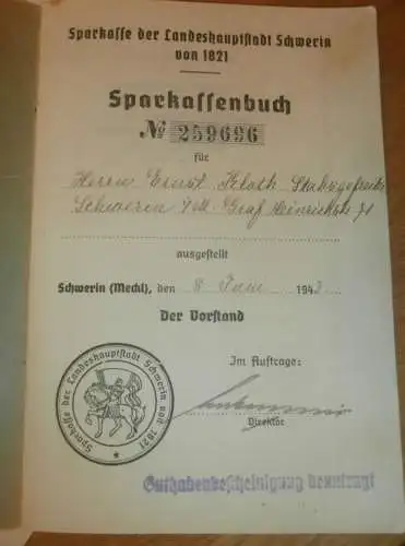 altes Sparbuch und Dokumente Schwerin , 1943 - 1944 , Ernst Kloth in Schwerin i. Mecklenburg ,Sparkasse , Bank !!!