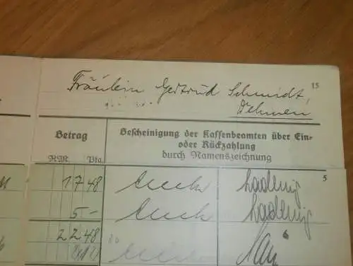 altes Sparbuch Güstrow , 1934 - 1947 , Getrud Schmidt in Dehmen b. Glasewitz i. Mecklenburg ,Sparkasse , Bak !!!