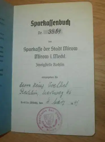 altes Sparbuch Mirow / Rechlin , 1941 - 1943 , Heinz Voelkel in Rechlin i. Mecklenburg ,Sparkasse , Bak !!!