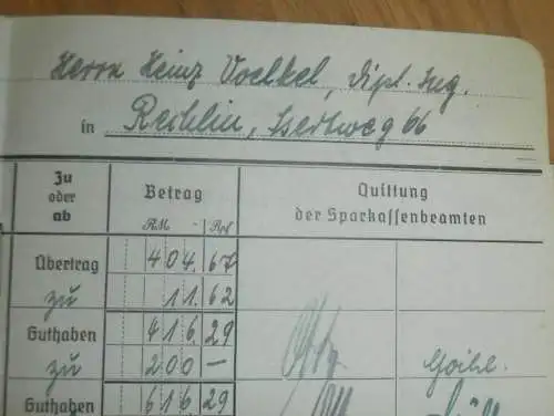 altes Sparbuch Mirow / Rechlin , 1941 - 1943 , Heinz Voelkel in Rechlin i. Mecklenburg ,Sparkasse , Bak !!!
