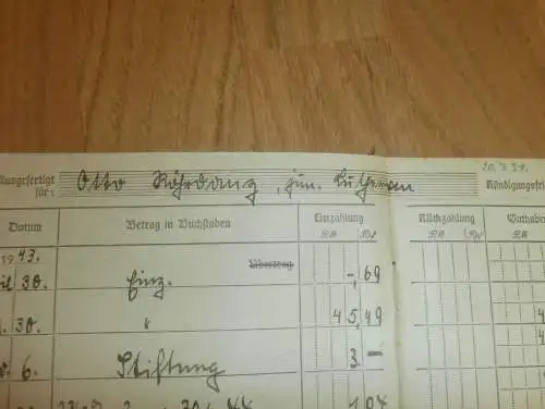 altes Sparbuch Lübz , 1943 - 1945 , Otto Röhrdanz in Lübz i. Mecklenburg , Sparkasse , Bank !!!
