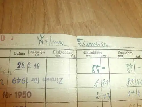 altes Sparbuch Rostock , 1949 - 1952 , Wilma Tiemeier in Rostock i. Mecklenburg , Sparkasse