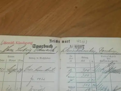 altes Sparbuch Parchim , 1933 - 1945 , Ludwig Odemarck in Parchim i. Mecklenburg , Sparkasse , Bank !