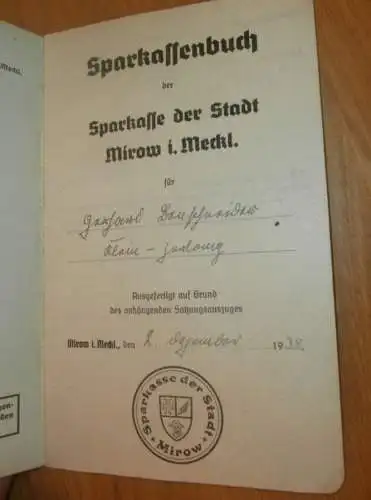 altes Sparbuch Mirow , 1938 - 1943 , Rudi Benschneider in Kleinzerlang b. Rheinsberg i. Mecklenburg , Sparkasse , Bank !