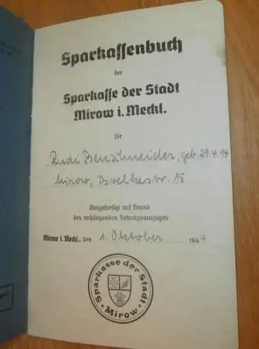 altes Sparbuch Mirow , 1944 , Rudi Benschneider in Mirow i. Mecklenburg , Sparkasse , Bank !