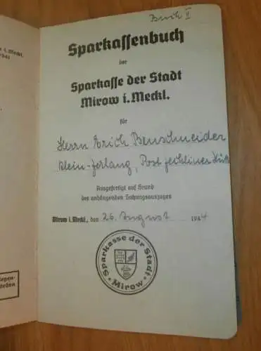 altes Sparbuch Mirow , 1944 - April 1945 , Erich Benschneider in Mirow i. Mecklenburg , Sparkasse , Bank !