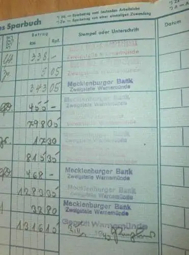 altes Sparbuch Warnemünde , 1942 - 1944 , Margarete Meyer in Rostock Warnemünde i. Mecklenburg , Sparkasse , Bank !