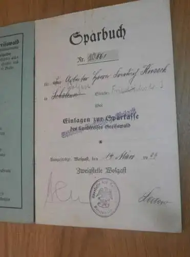 altes Sparbuch Wolgast , 1928 - 1944 , Friedrich Knaack in Wolgast i. Mecklenburg , Schalense , Sparkasse , Bank !