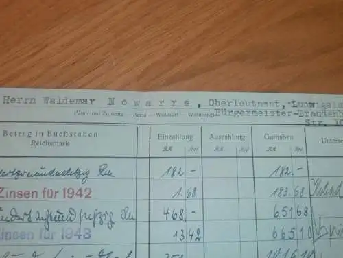 altes Sparbuch Ludwigslust , 1942 - 1944 , Waldemar Nowarre in Ludwigslust i. Mecklenburg , Sparkasse , Bank !