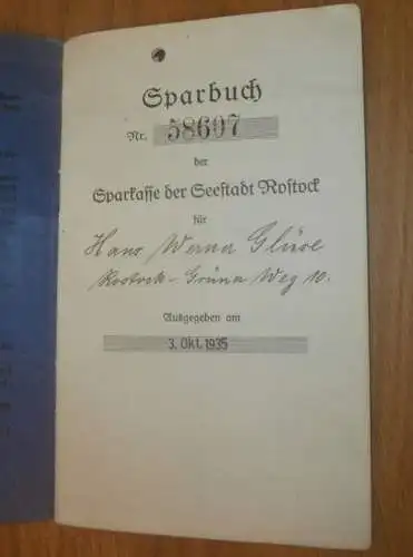altes Sparbuch Rostock , 1935 - 1944 , Werner Glüse in Rostock i. Mecklenburg , Sparkasse , Bank !