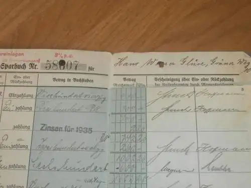 altes Sparbuch Rostock , 1935 - 1944 , Werner Glüse in Rostock i. Mecklenburg , Sparkasse , Bank !