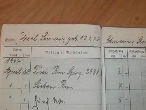 altes Sparbuch Schwerin , 1940 - 1945 , Ursel Lunau in Schwerin i. Mecklenburg , Sparkasse , Bank !!