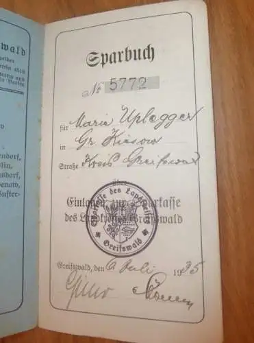 altes Sparbuch Greifswald , 1935 - 1946 , Marie Uplegger in Groß Kiesow i. Mecklenburg , Sparkasse , Bank !!