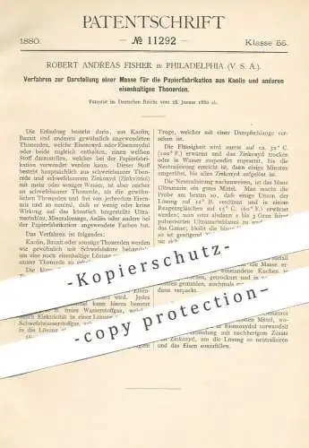 original Patent - Robert Andreas Fisher , Philadelphia , USA , 1880 , Masse aus Kaolin u. Tonerde für Papier Herstellung