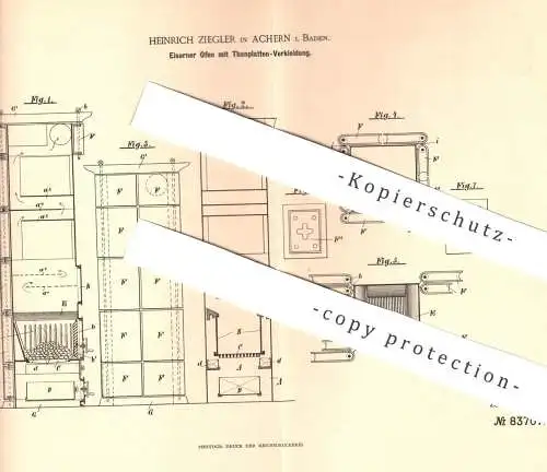 original Patent - Heinrich Ziegler , Achern / Baden , 1895 , Eiserner Ofen mit Tonplatten Verkleidung | Öfen | Ofenbauer