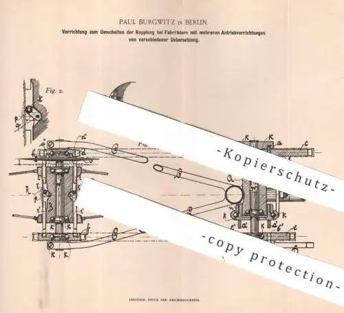 original Patent - Paul Burgwitz , Berlin , 1896 , Umschalten der Kupplung am Fahrrad | Fahrräder , bicycle , Antrieb !!