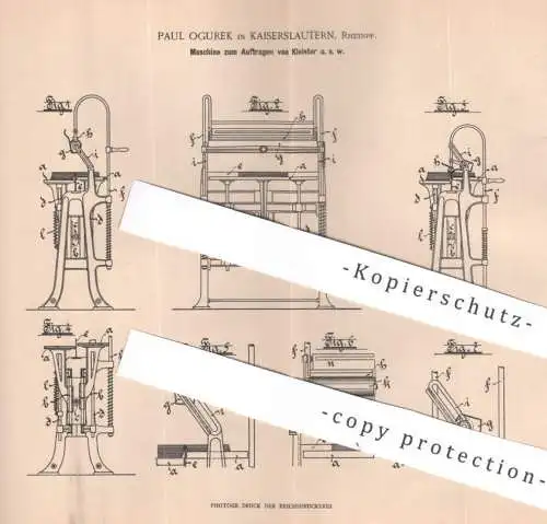 original Patent - Paul Ogurek , Kaiserslautern | 1902 | Maschine zum Auftragen von Kleister | Papier , Buchbinder , Buch
