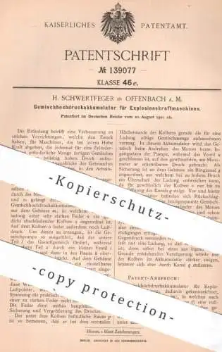 original Patent - H. Schwertfeger , Offenbach / Main | 1901 | Gemischhochdruckakkumulator für Gasmotor | Motor Gas Akku
