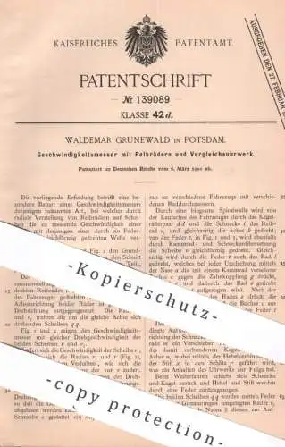 original Patent - Waldemar Grunewald , Potsdam | 1902 | Geschwindigkeitsmesser mit Reibrädern u. Uhrwerk | Tachometer