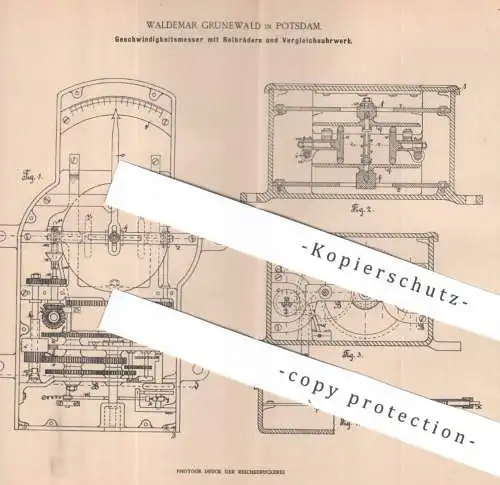 original Patent - Waldemar Grunewald , Potsdam | 1902 | Geschwindigkeitsmesser mit Reibrädern u. Uhrwerk | Tachometer