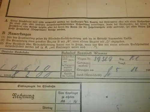 Frachtbrief Eisenbahn , 1944 , Bad Kleinen , Bahnhof Seestadt Wismar , Strubelt in Gielow i. Mecklenburg !!