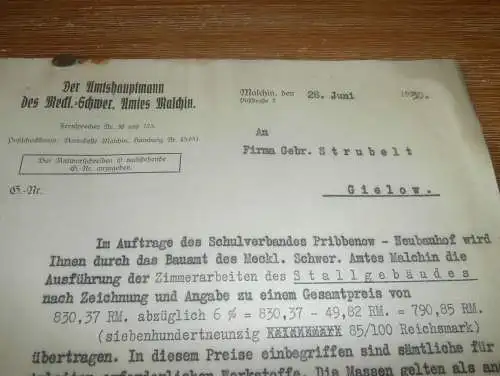 Der Amtshauptmann , Bauamt Malchin i. Mecklenburg , 1930 , Schule Pribbenow , Strubelt in Gielow , alte Dokumente !!!