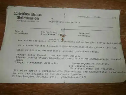 Katholisches Pfarramt Weißenthurm a. Rhein , 1942 , altes Dokument !!!