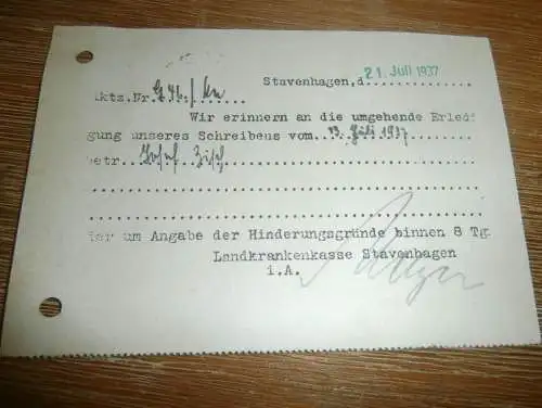 Land-Krankenkasse Stavenhagen i. Mecklenburg , 1937, Sägewerk Strubelt in Gielow , alte Karte !!!