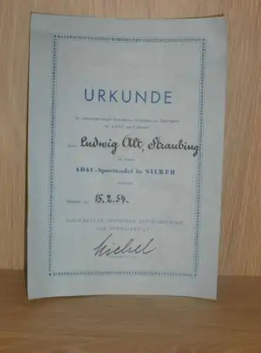 Urkunde - ADAC Sportnadel Silber - 1954 - Ludwig Alt / Straubing , Motorsport , Sandbahn , Speedway , Grasbahn !!!