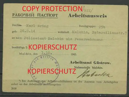 Ausweis vom 1.10.1945 , Güstrow , Feuerwehr Malchin , Mecklenburg , K. Bring , Russland , Besatzung , Arbeitsamt Polizei